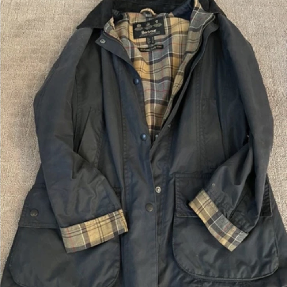 Barbour Navy Waxed Coat with Tartan Interior